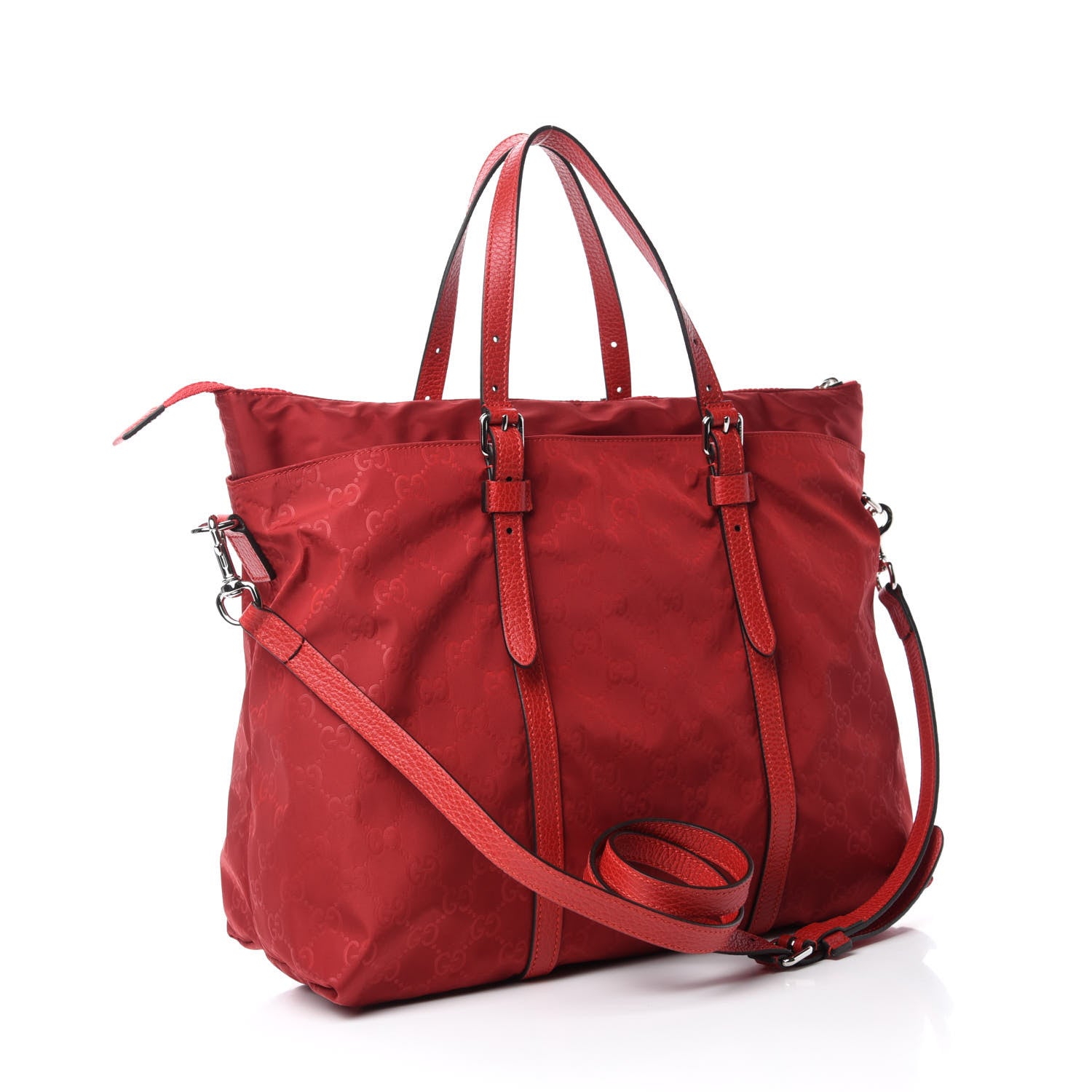 Gucci Nylon Monogram Dollar Calfskin Tote Vibrant Red 3 of 10