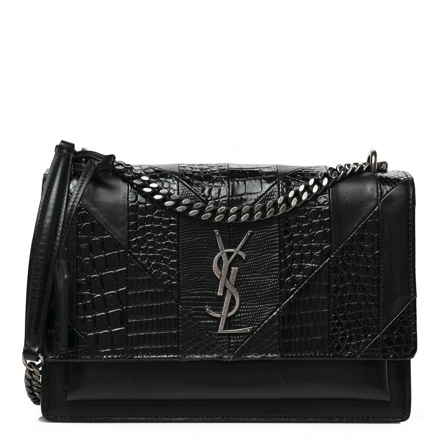 Saint Laurent Calfskin Mixed Quilted Crocodile Embossed Medium Monogram Sunset Black 1 of 8