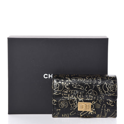 Chanel Calfskin Crocodile Embossed Graffiti 2.55 Cocodile Reissue Flap Card Holder Black Gold 9 of 9