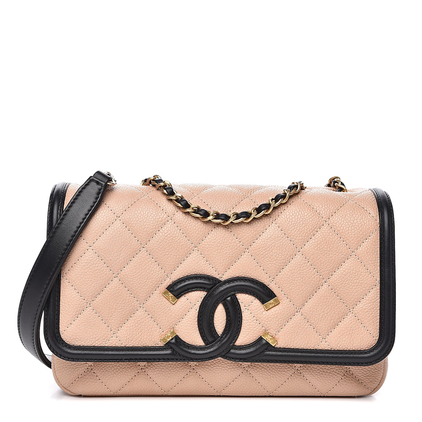 Caviar Quilted Small CC Filigree Flap Beige Black