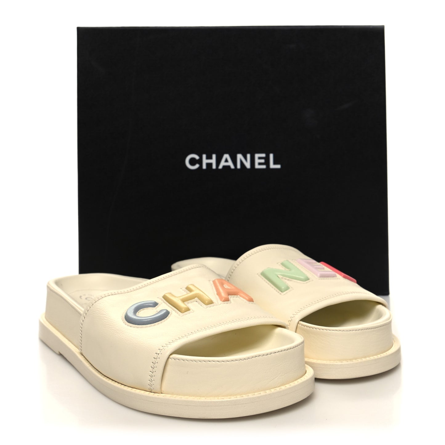 Lambskin Cha-Nel Mule Sandals 39 Ivory Multicolor