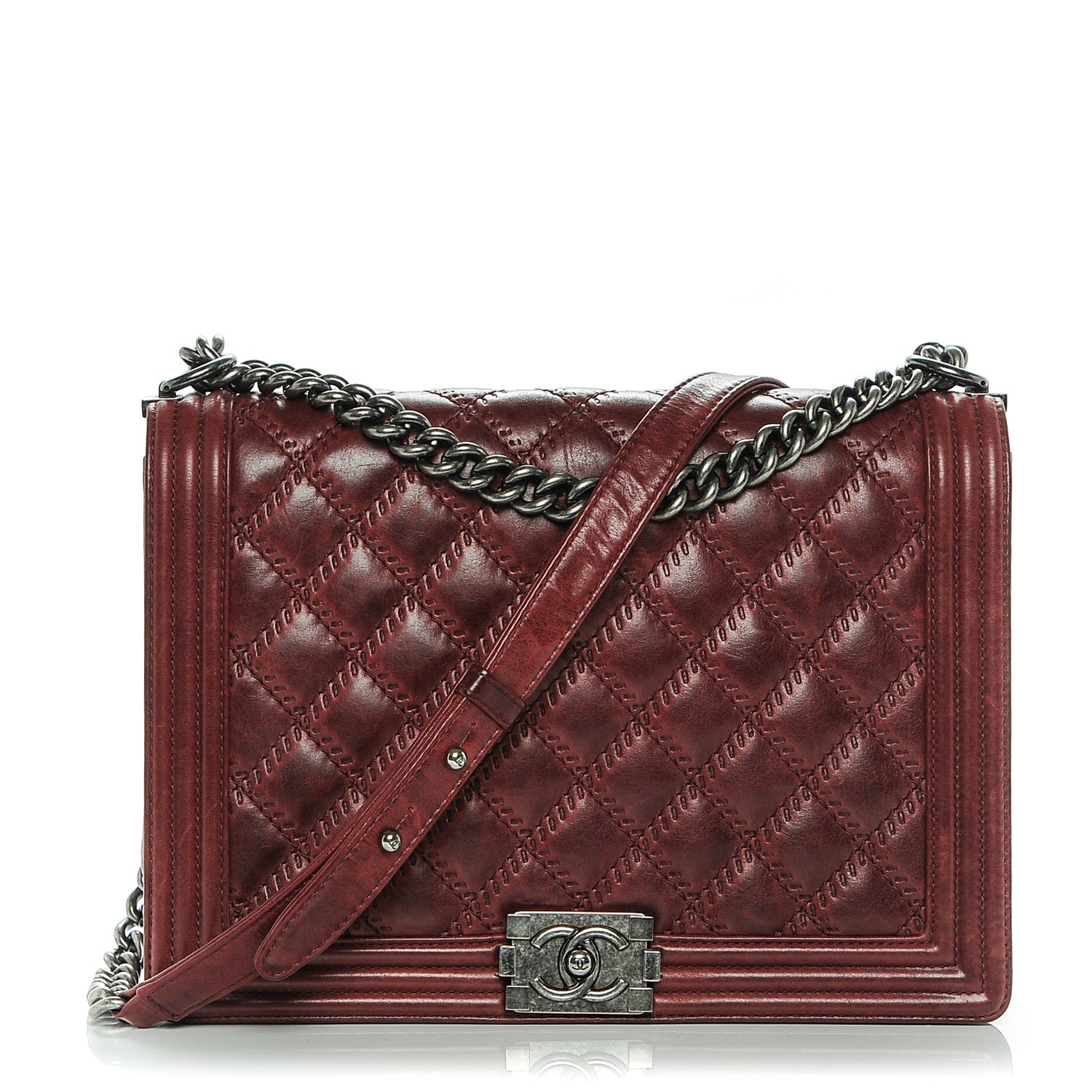 Chanel Calfskin Quilted Double Stitch Large Boy Flap Burgundy 1 of 8