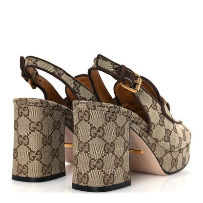 Gucci Monogram Kid Scamosciato Horsebit Platform 25/85mm Slingback Mules 35.5 Beige Ebony New Acero 5 of 12