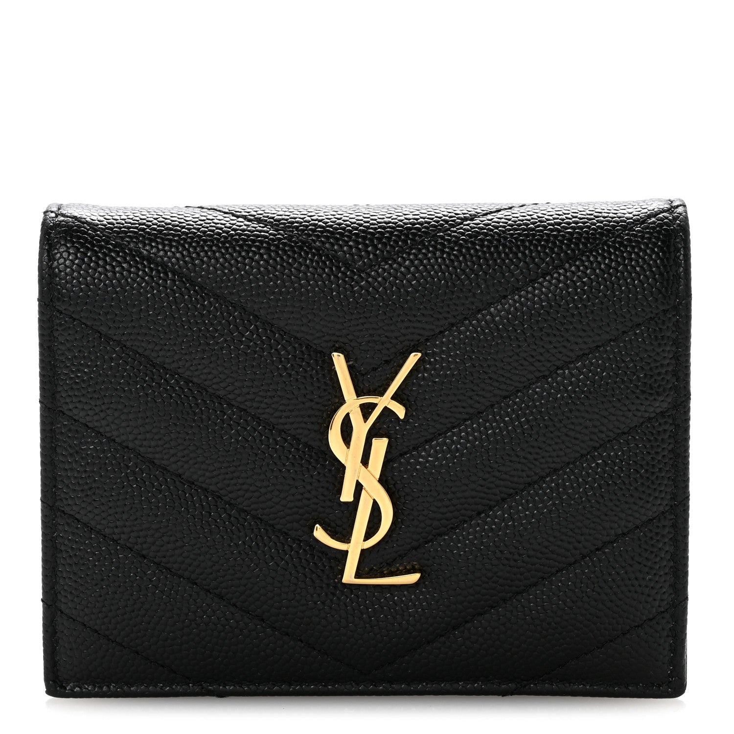 Saint Laurent Grain De Poudre Matelasse Chevron Monogram Flap Card Case Black 1 of 13