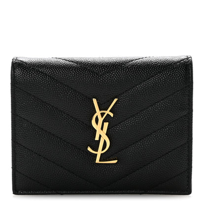 Saint Laurent Grain De Poudre Matelasse Chevron Monogram Flap Card Case Black 1 of 13