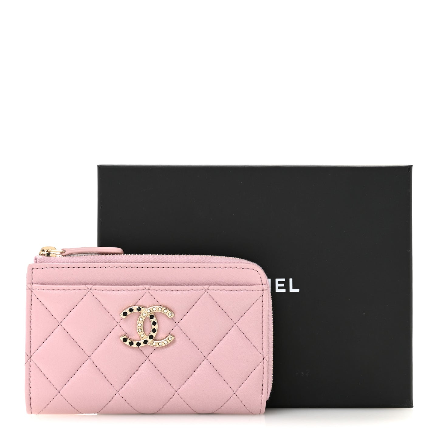 Lambskin Quilted Pearl Crystal CC Zip Around Card Holder Pink