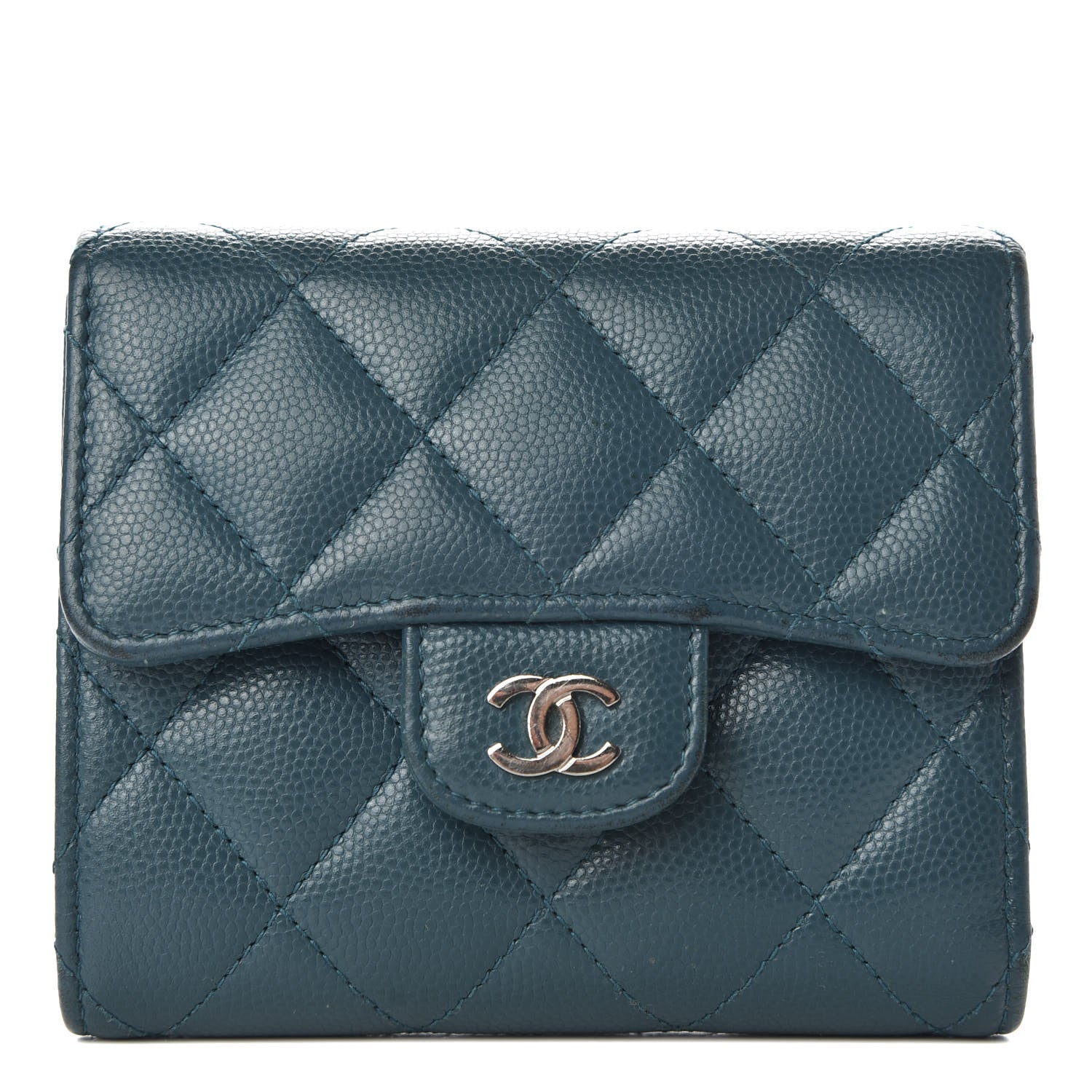 Chanel Caviar Quilted Compact Flap Wallet Dark Turquoise 1 of 9