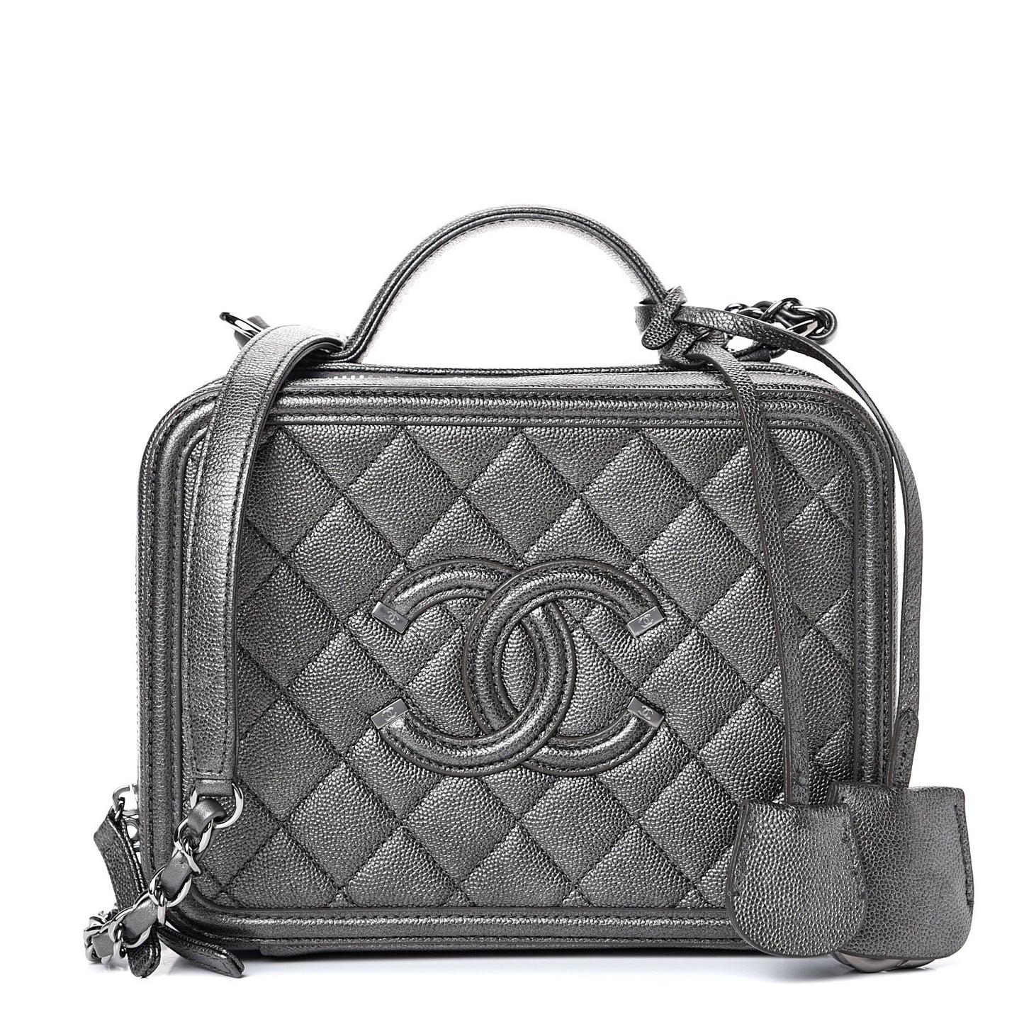 Metallic Caviar Quilted Medium CC Filigree Vanity Case Dark Silver