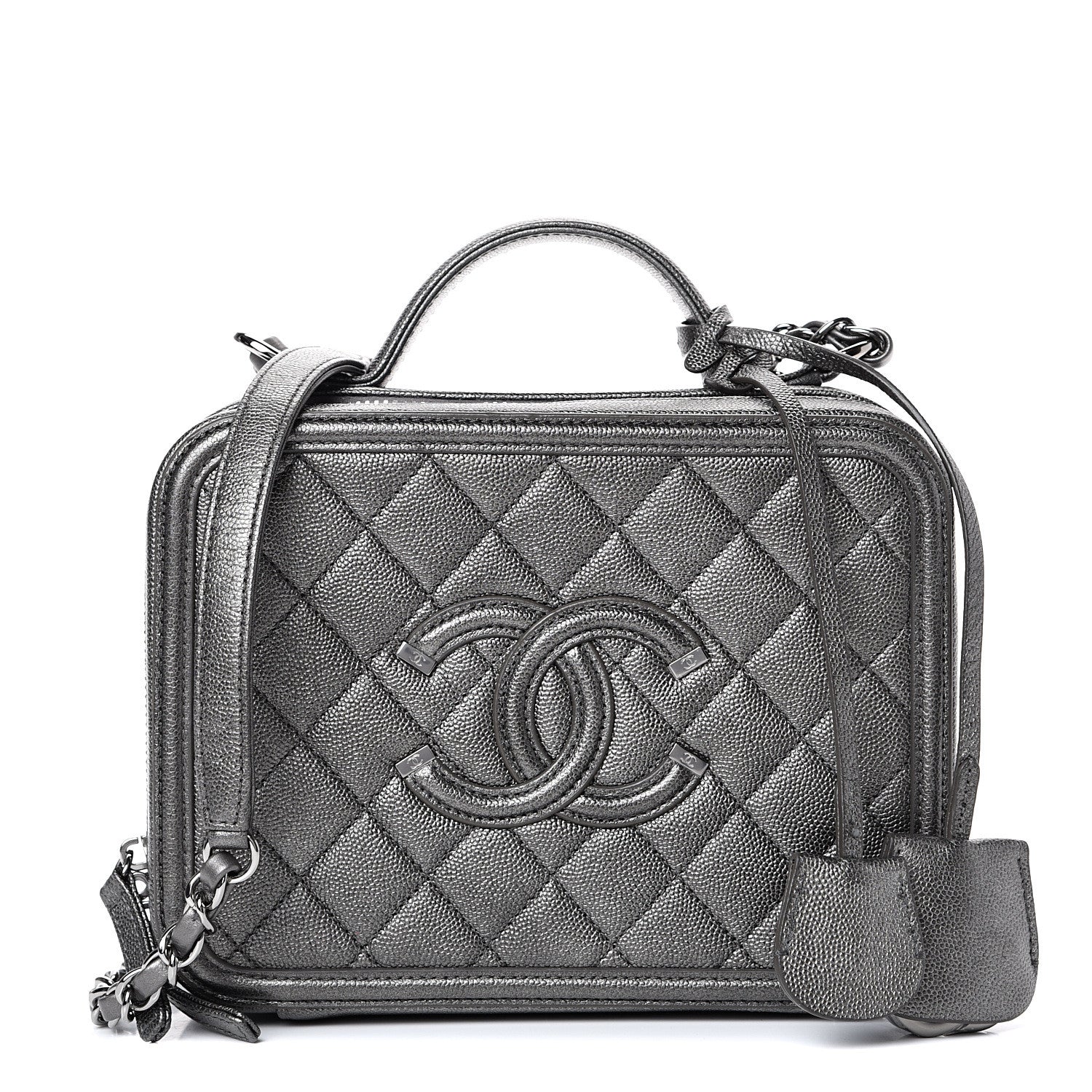 Chanel Metallic Caviar Quilted Medium CC Filigree Vanity Case Dark Silver 1 of 11