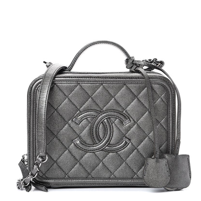 Chanel Metallic Caviar Quilted Medium CC Filigree Vanity Case Dark Silver 1 of 11