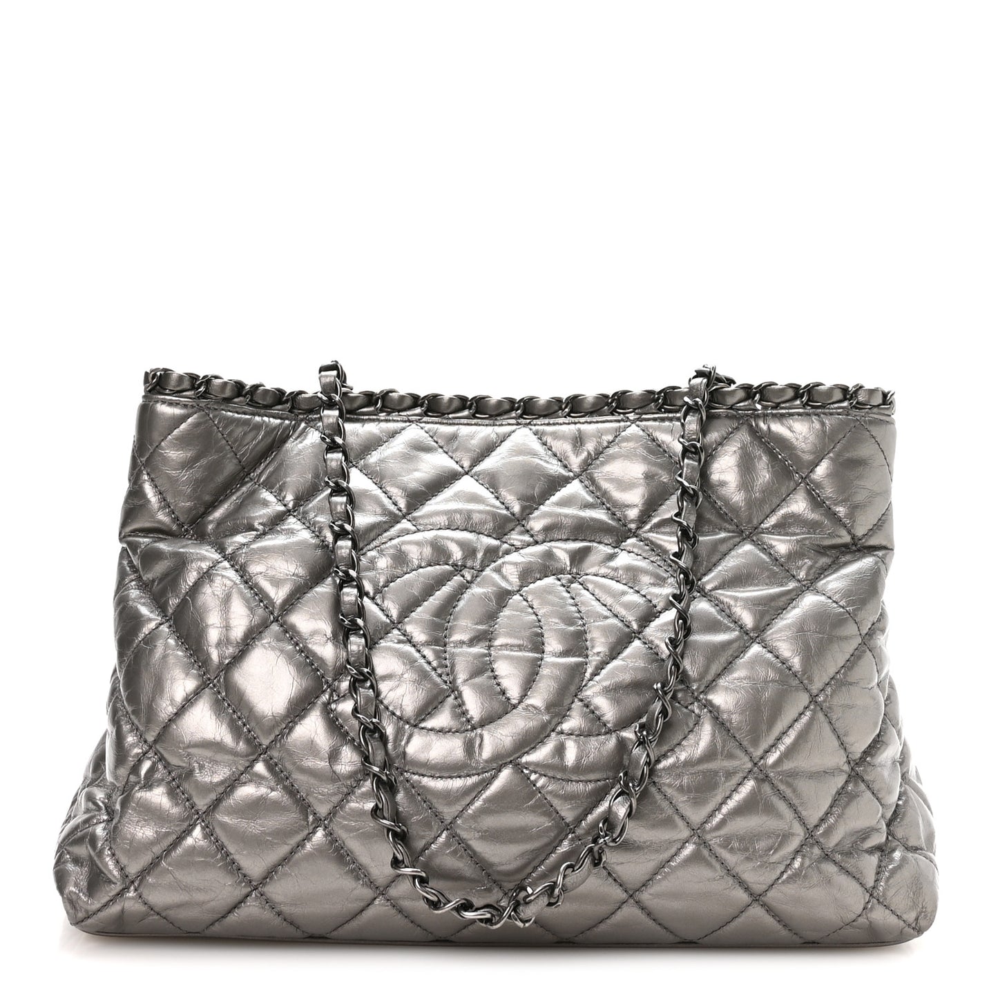 Metallic Calfskin Small Chain Me Tote Silver