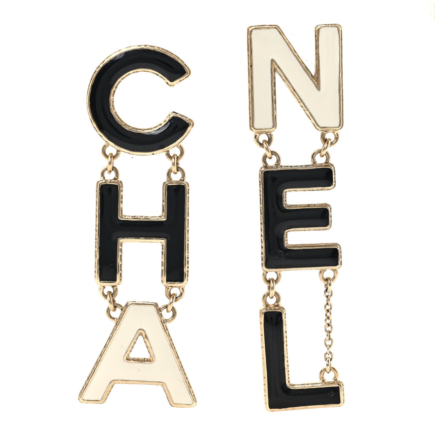 Chanel Metal Enamel Cha-Nel Logo Drop Earrings Black White 1 of 4