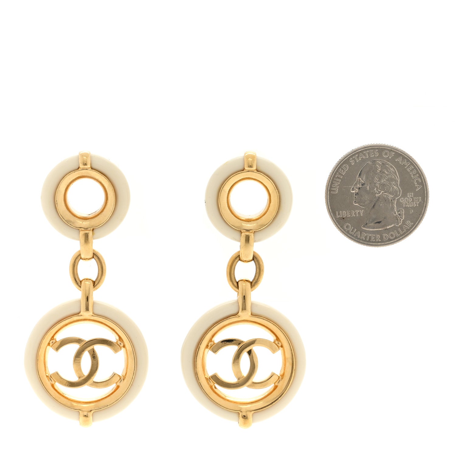 Chanel Metal Resin CC Round Drop Earrings Gold White 2 of 4