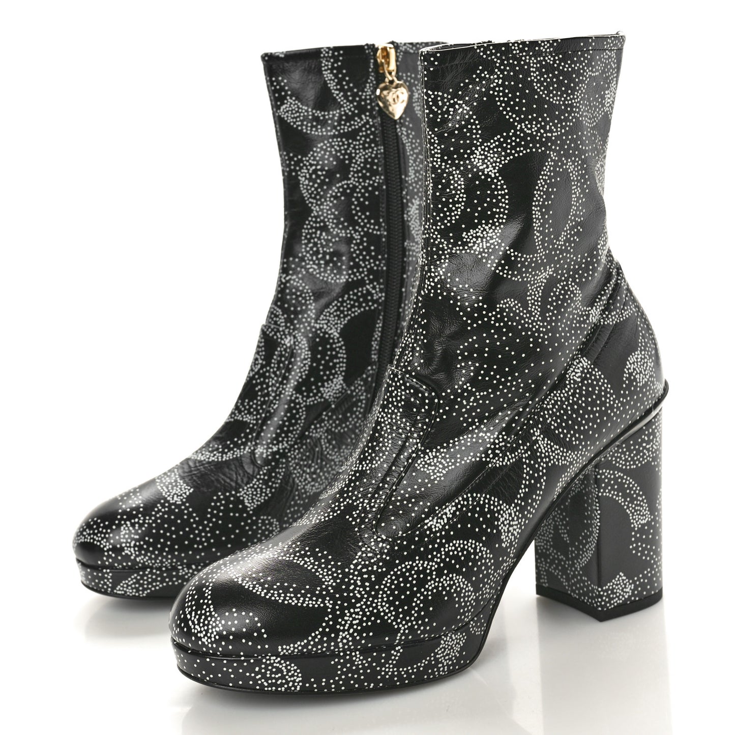 Calfskin Camellia Printed Ankle Boots 38.5 Black White