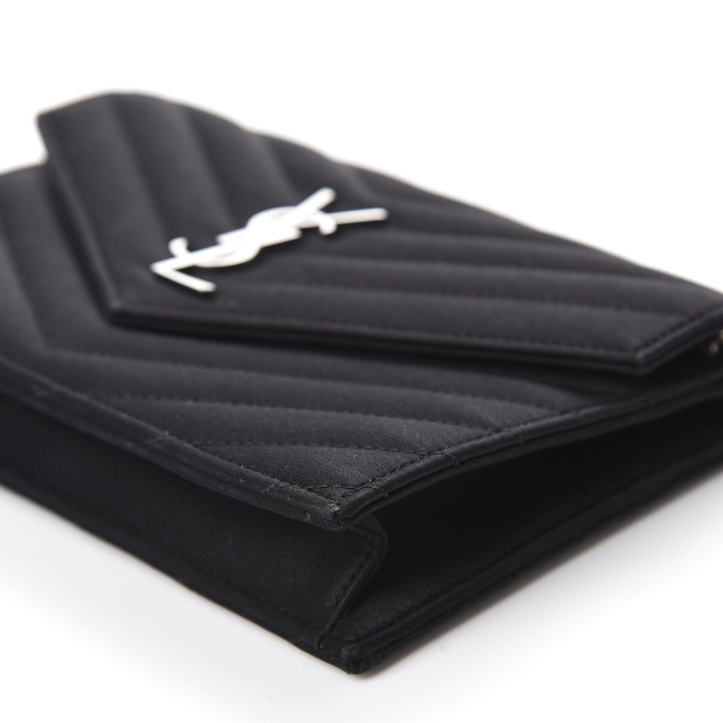 Satin Chevron Monogram Envelope Chain Wallet Black