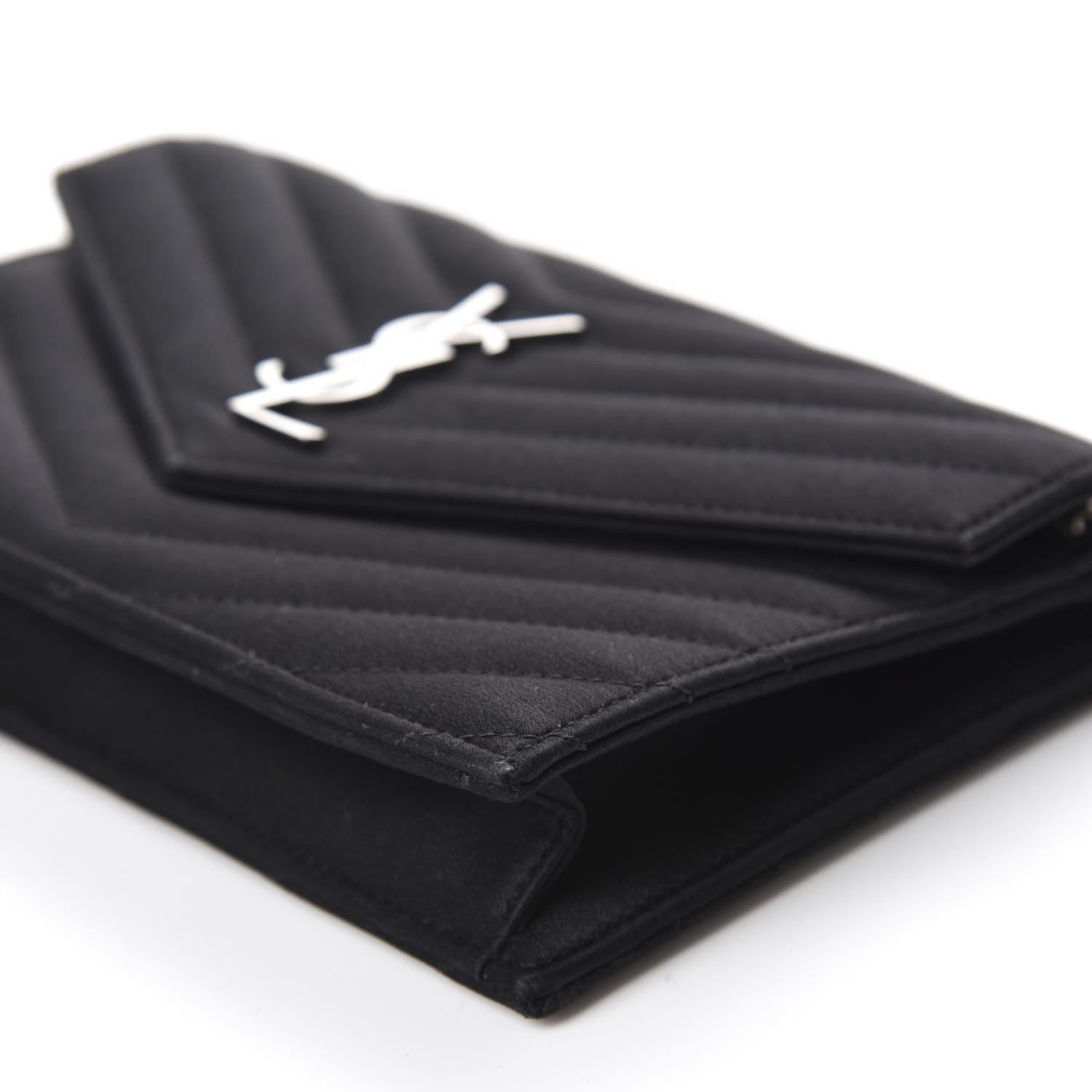 Saint Laurent Satin Chevron Monogram Envelope Chain Wallet Black 7 of 13