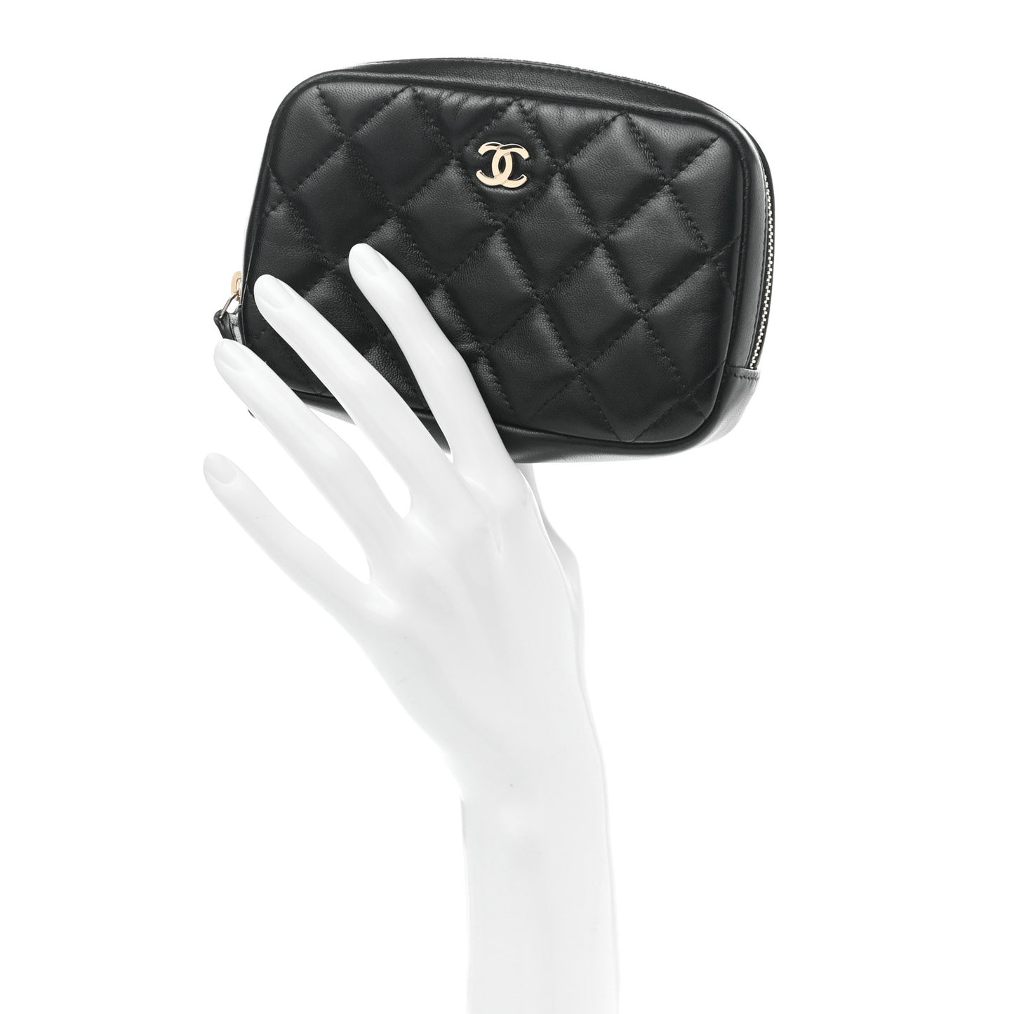 Lambskin Quilted Small Curvy Pouch Cosmetic Case Black