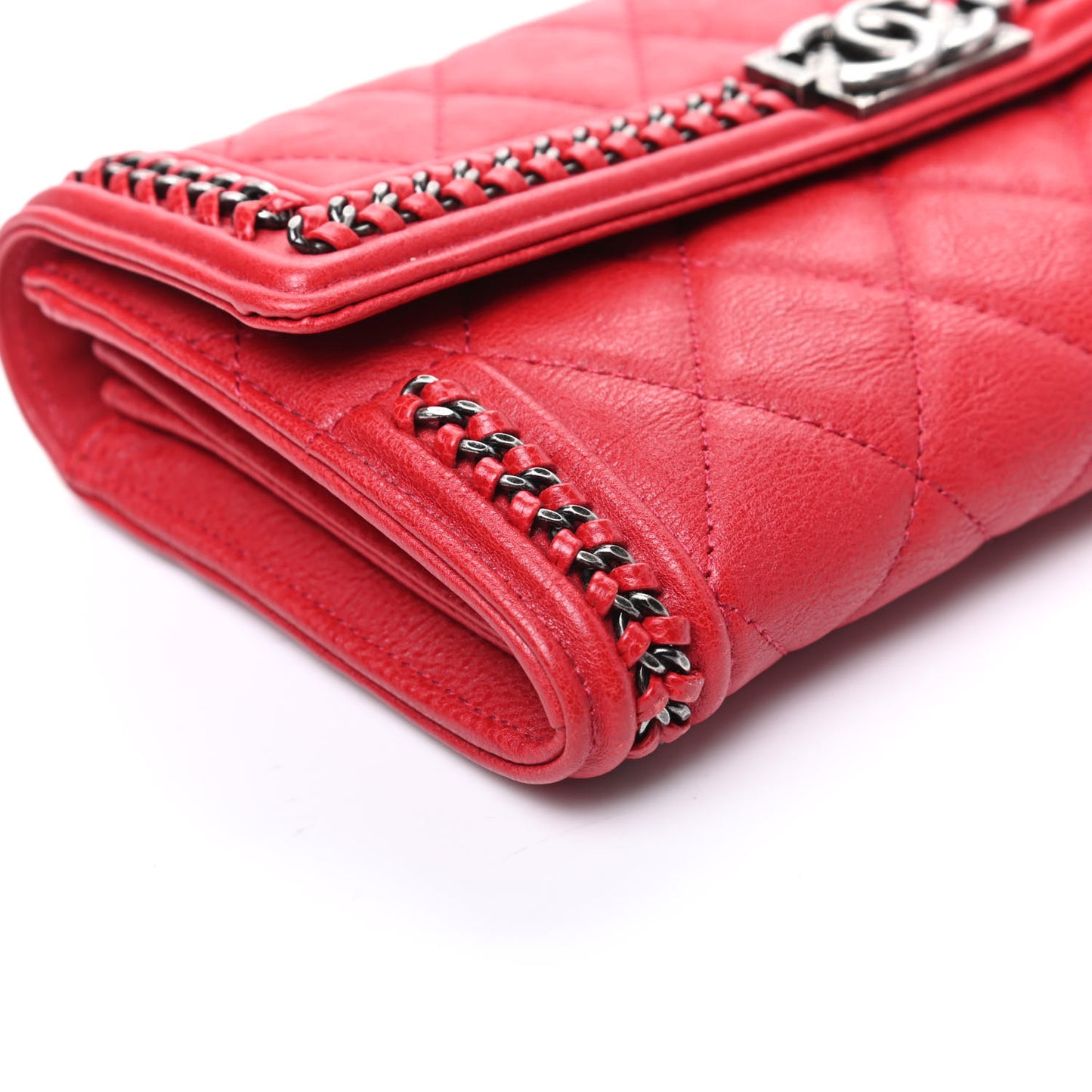 Calfskin Quilted Boy Chain Around Flap Wallet Red
