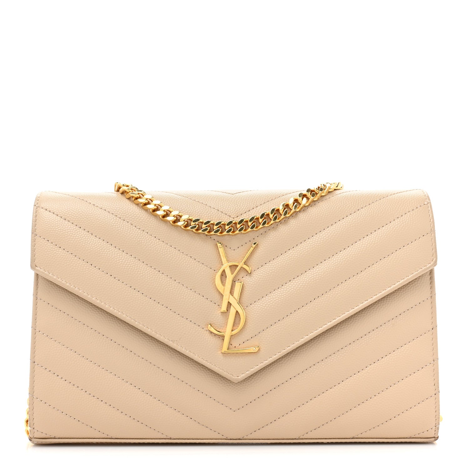 Saint Laurent Grain De Poudre Matelasse Chevron Monogram Chain Wallet Dark Beige 1 of 17