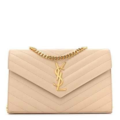 Saint Laurent Grain De Poudre Matelasse Chevron Monogram Chain Wallet Dark Beige 1 of 17
