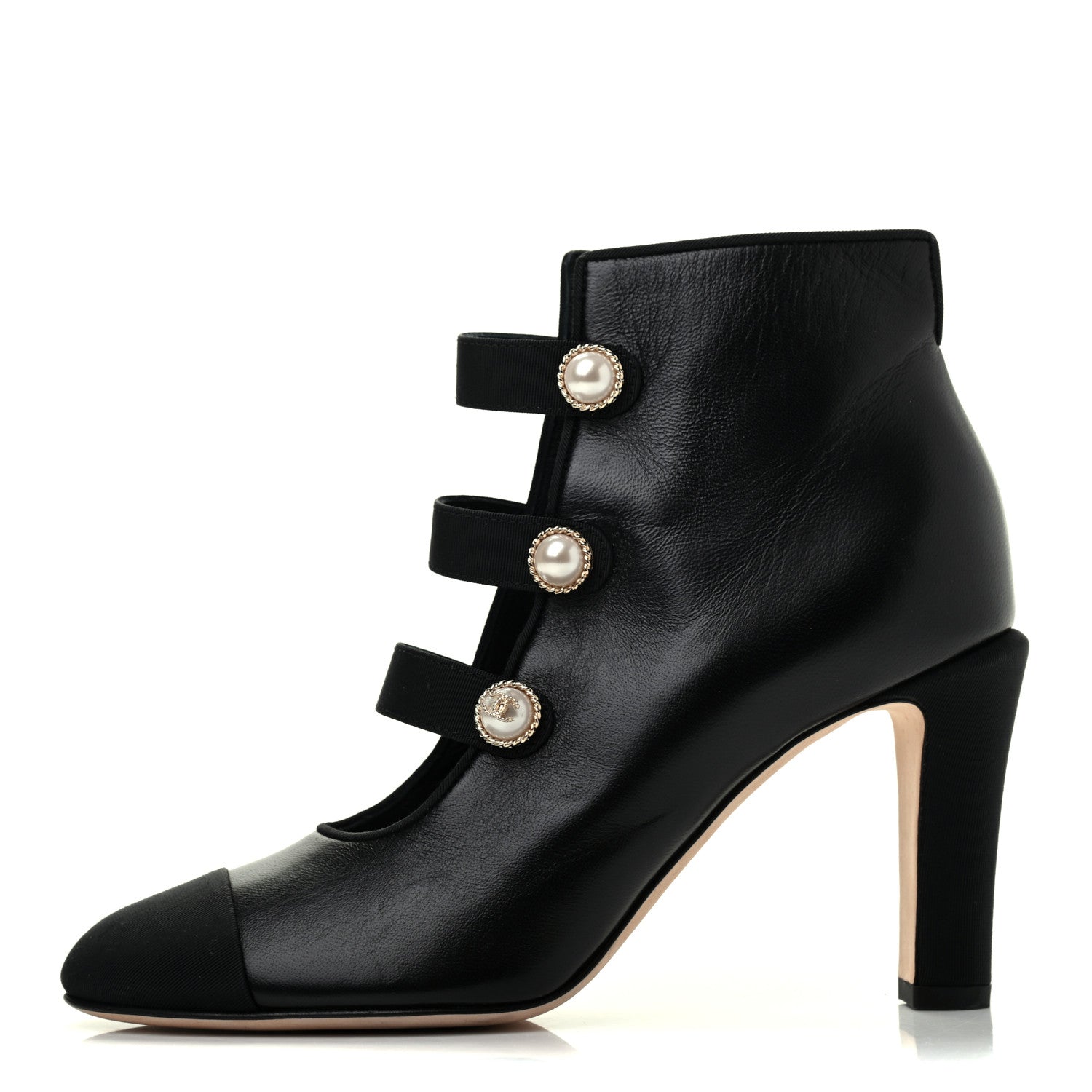 Chanel Lambskin Grosgrain Cap Toe Pearl Ankle Boots 36 Black 1 of 10