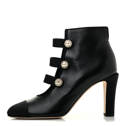 Chanel Lambskin Grosgrain Cap Toe Pearl Ankle Boots 36 Black 1 of 10