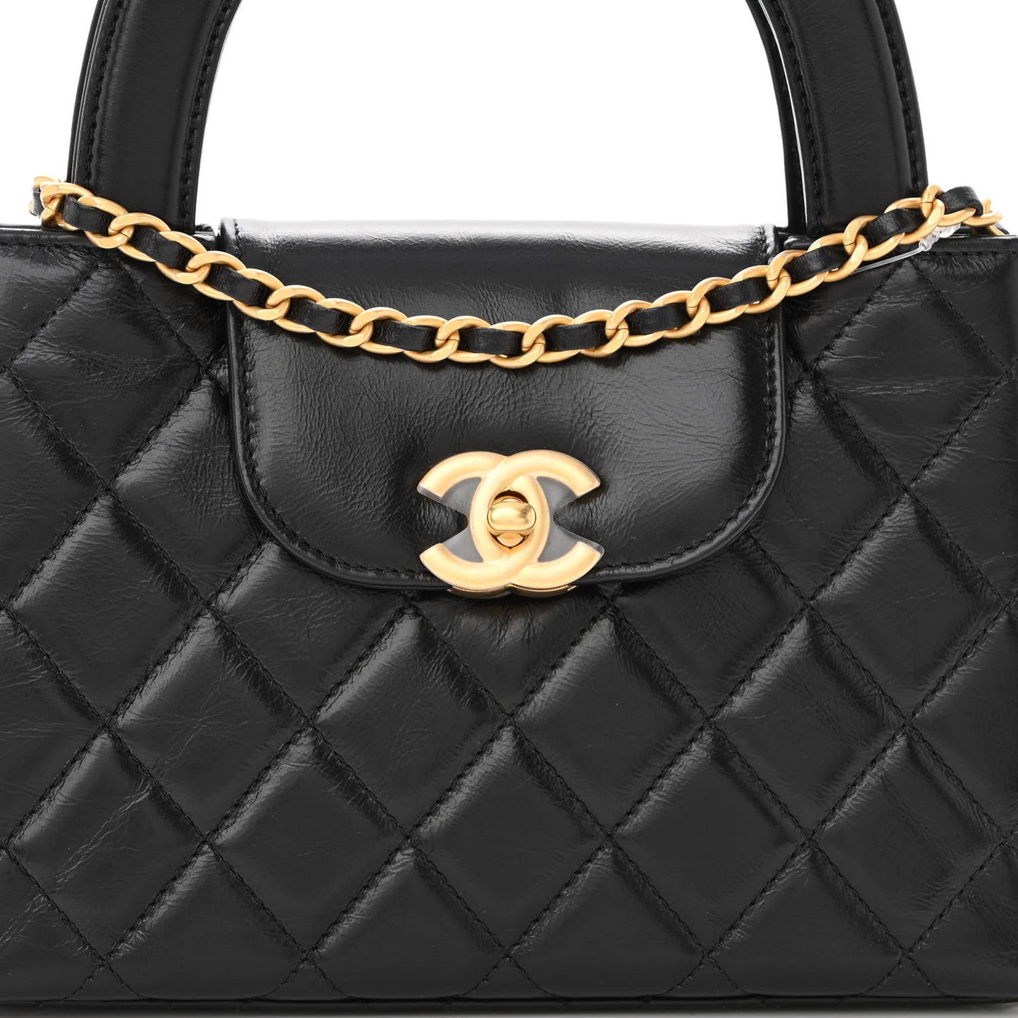 Shiny Aged Calfskin Quilted Nano Kelly Shopper Black