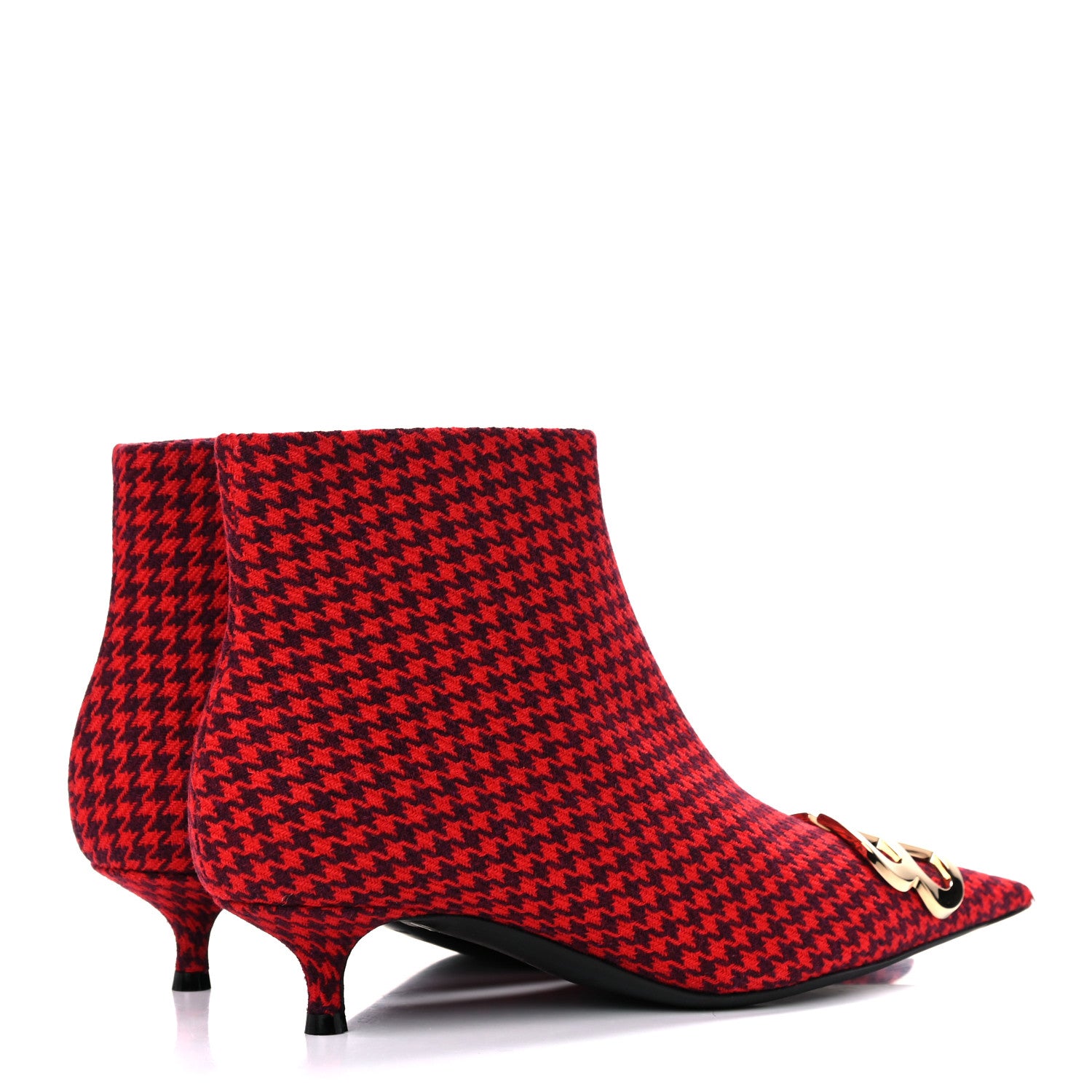 Balenciaga Wool Houndstooth BB Pointy Toe Ankle Booties 37.5 Red Black Gold 4 of 9