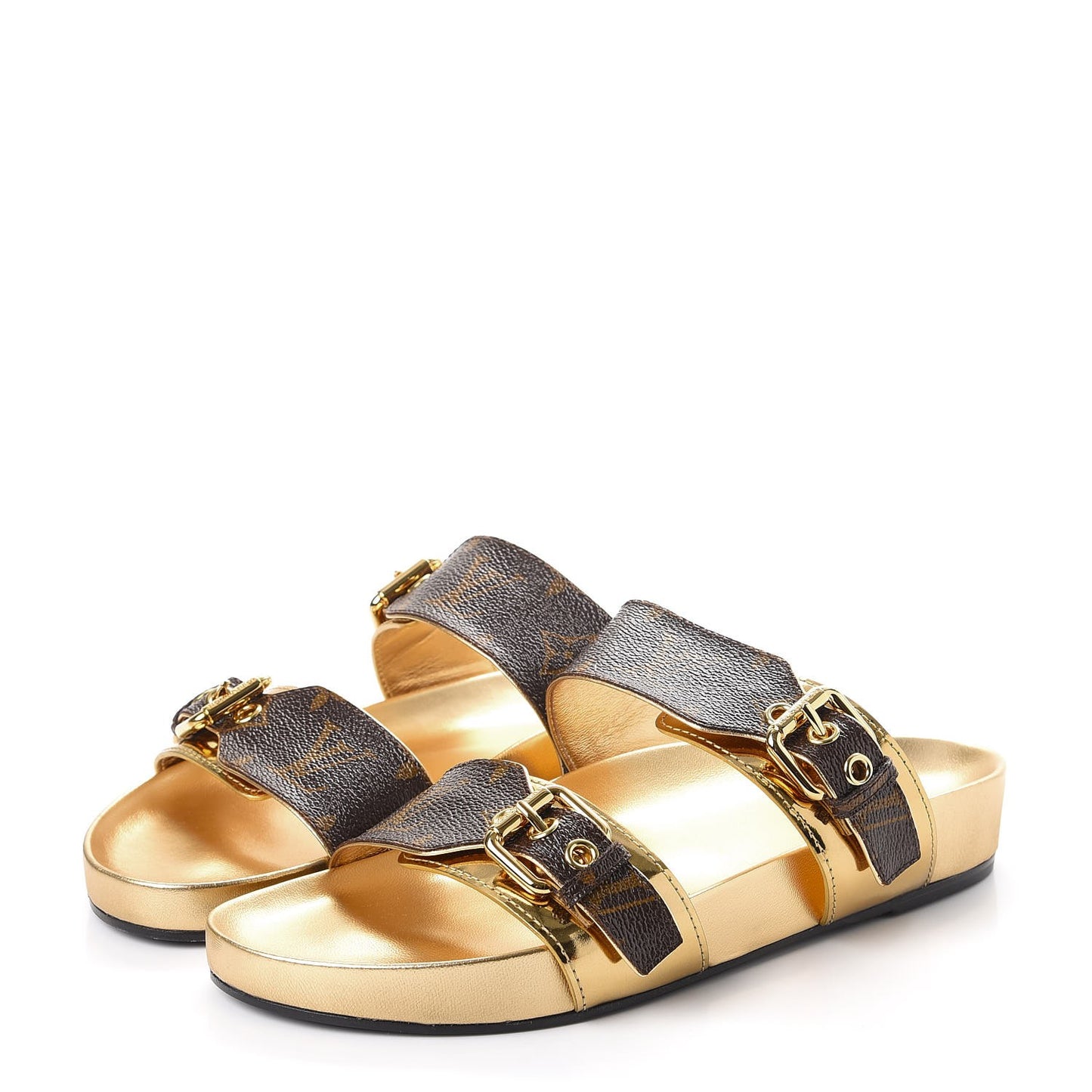 Patent Calfskin Monogram Metallic Bom Dia Mule Sandals 38 Gold