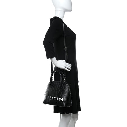 Balenciaga Shiny Calfskin Logo Crocodile Embossed S Ville Top Handle Bag Black White 2 of 10