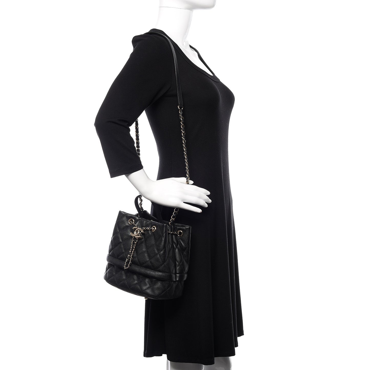 Caviar Quilted Large Rolled Up Bucket Drawstring Bag Black