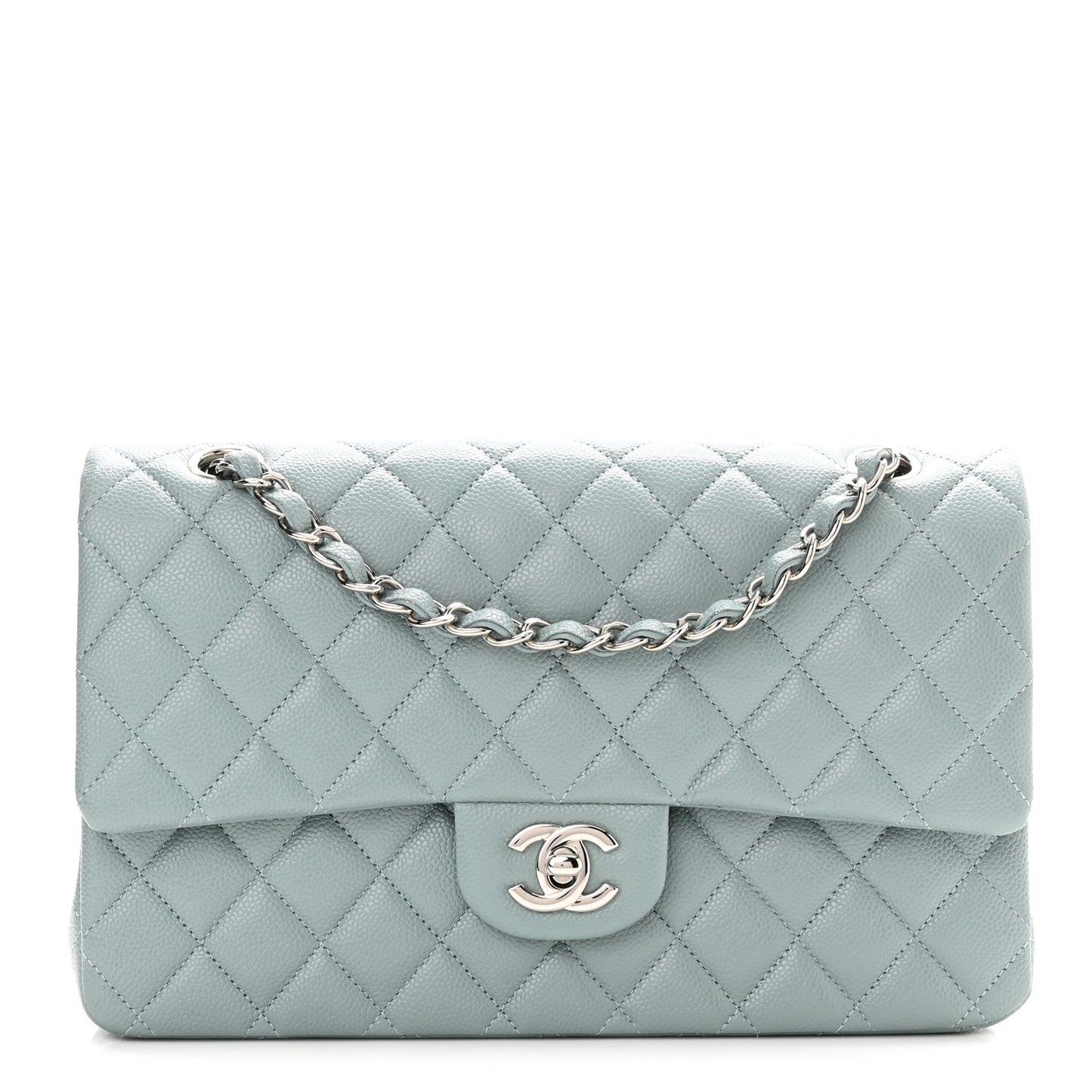 Caviar Quilted Medium Double Flap Light Blue