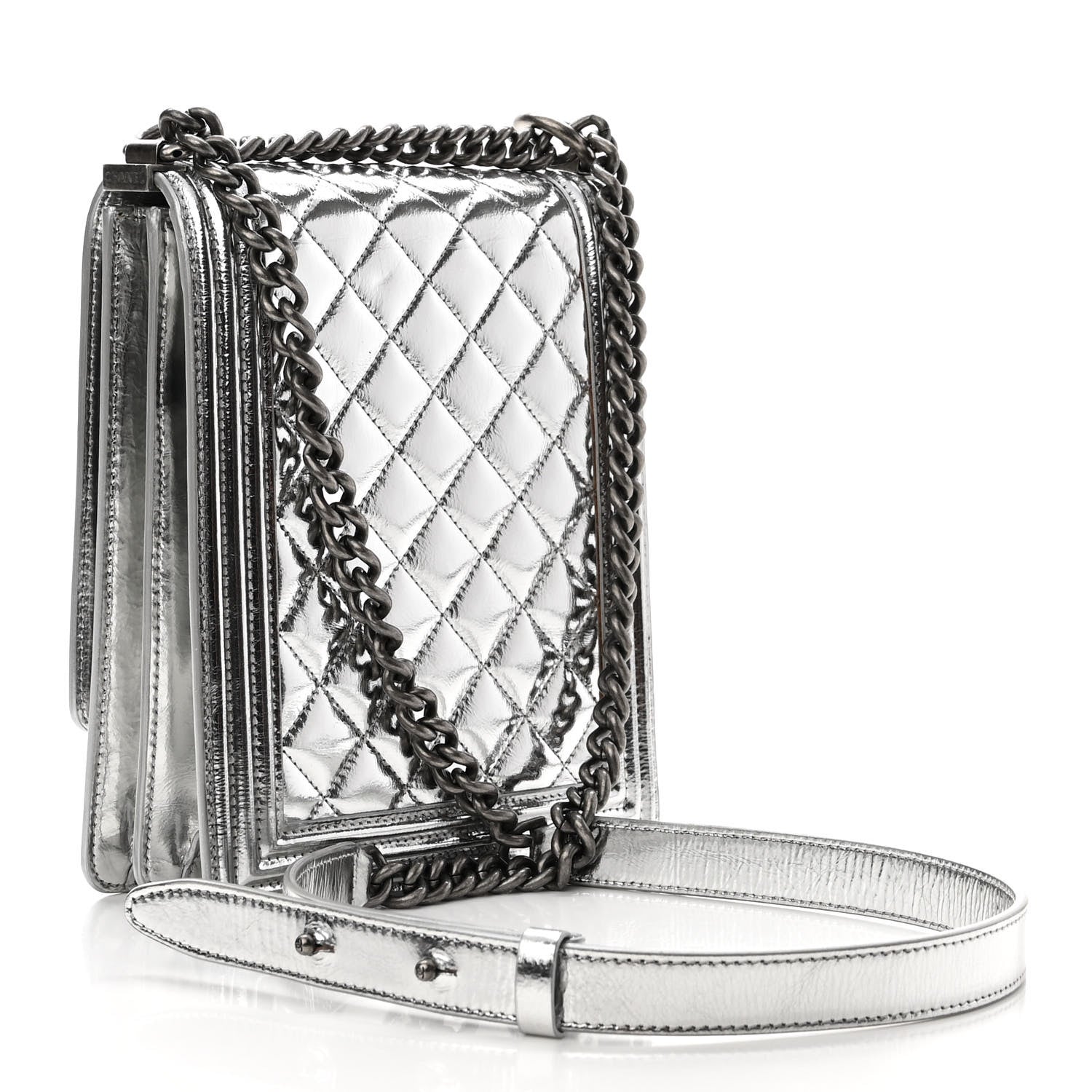 Chanel Metallic Goatskin Quilted North South Boy Flap Silver 3 of 11