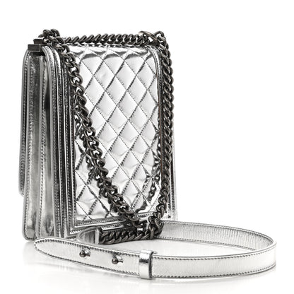 Chanel Metallic Goatskin Quilted North South Boy Flap Silver 3 of 11