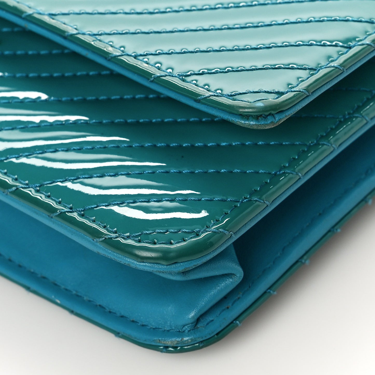 Patent Calfskin Chevron Quilted Wallet On Chain WOC Blue