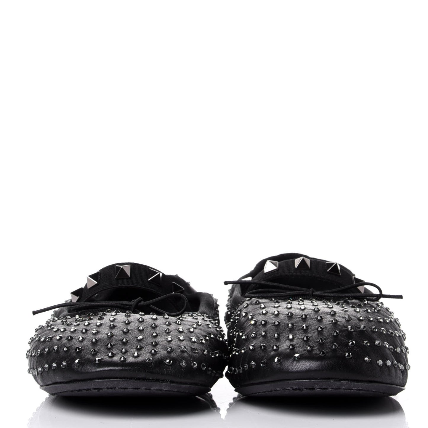 Nappa Crystal Studded Rockstud Cross Strap Ballerina Flats 39.5 Black