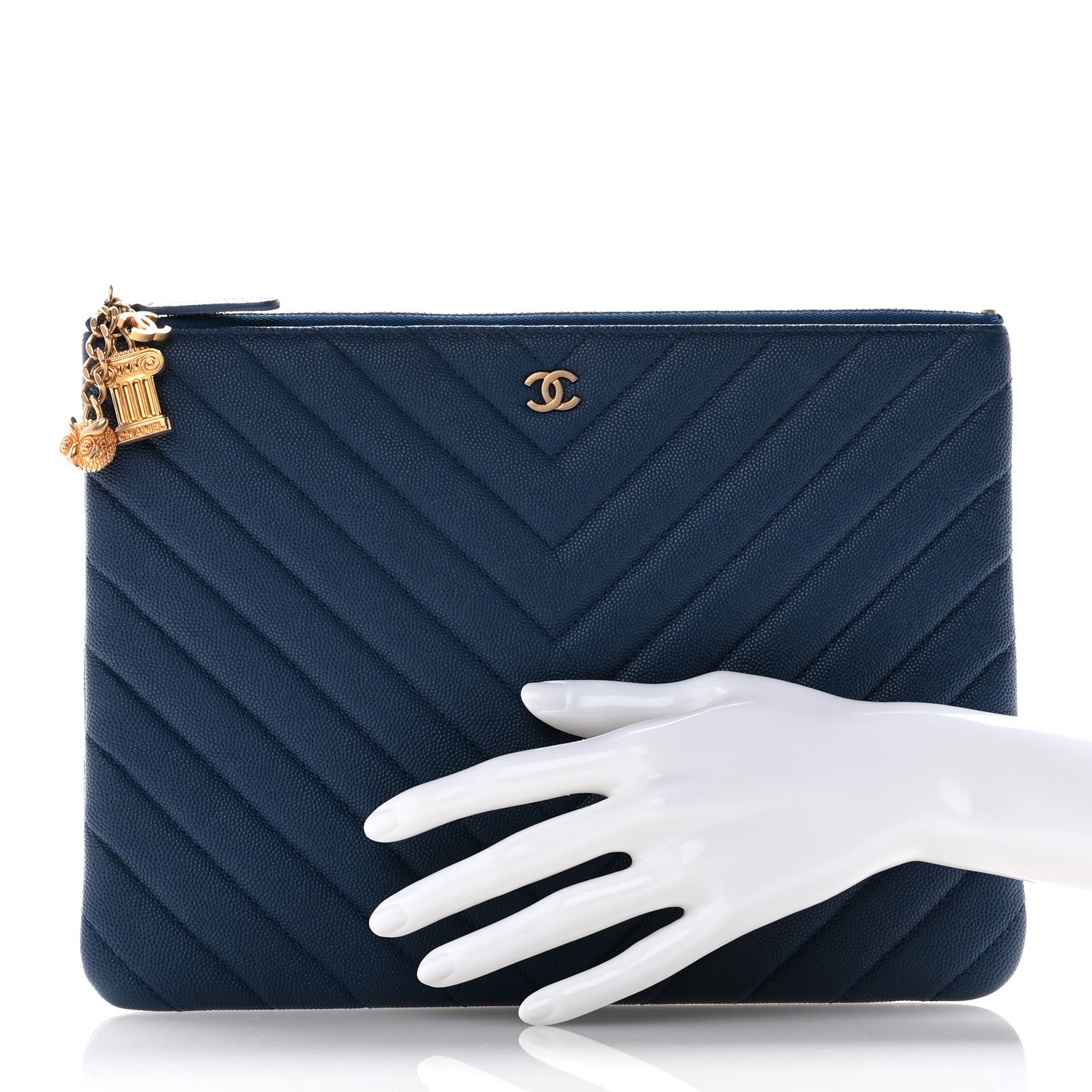 Chanel Caviar Chevron Quilted Medium Zip Pouch Navy 2 of 9