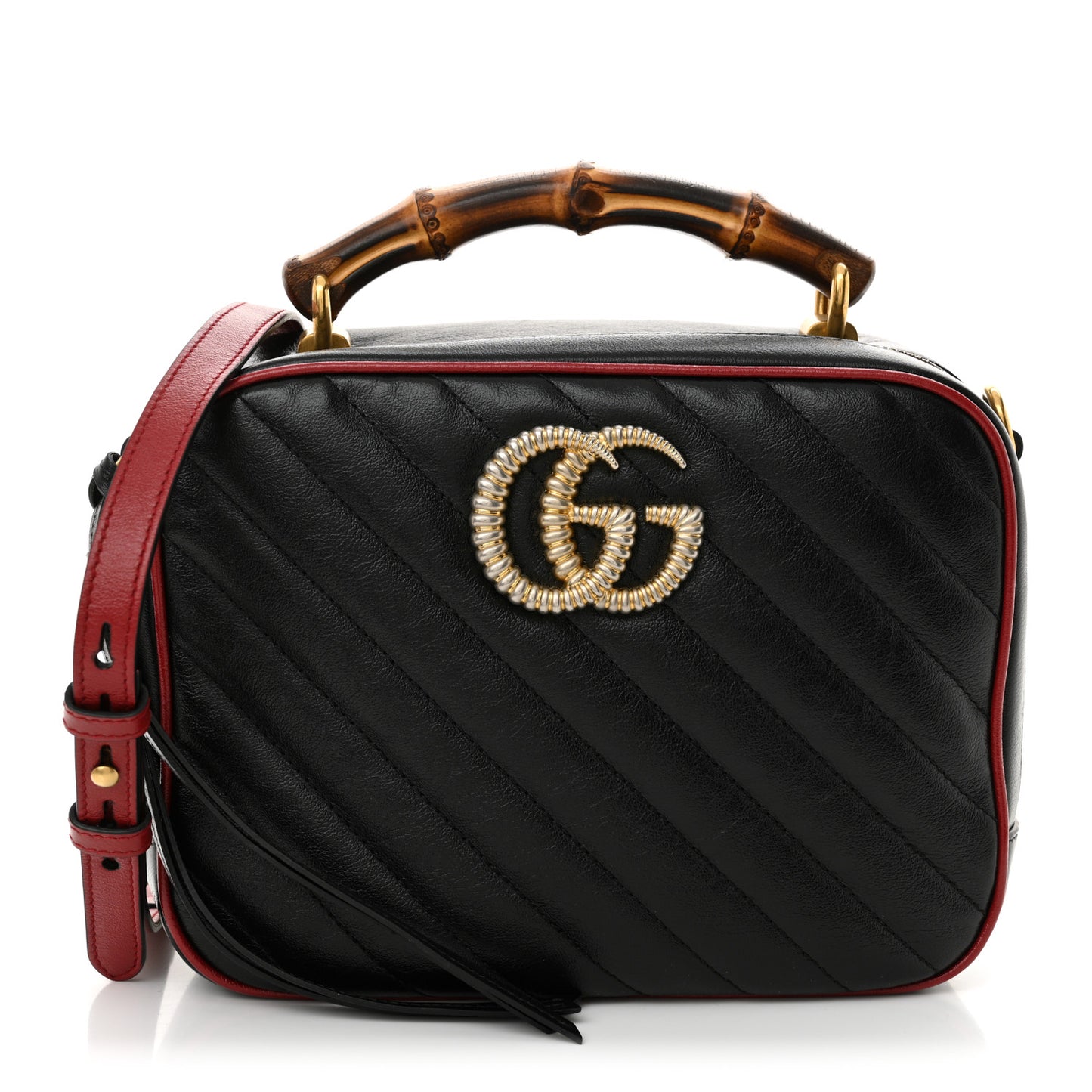 Vintage Effect Calfskin Matelasse Diagonal Small Torchon GG Marmont Bamboo Top Handle Shoulder Bag Black Romantic Cherry