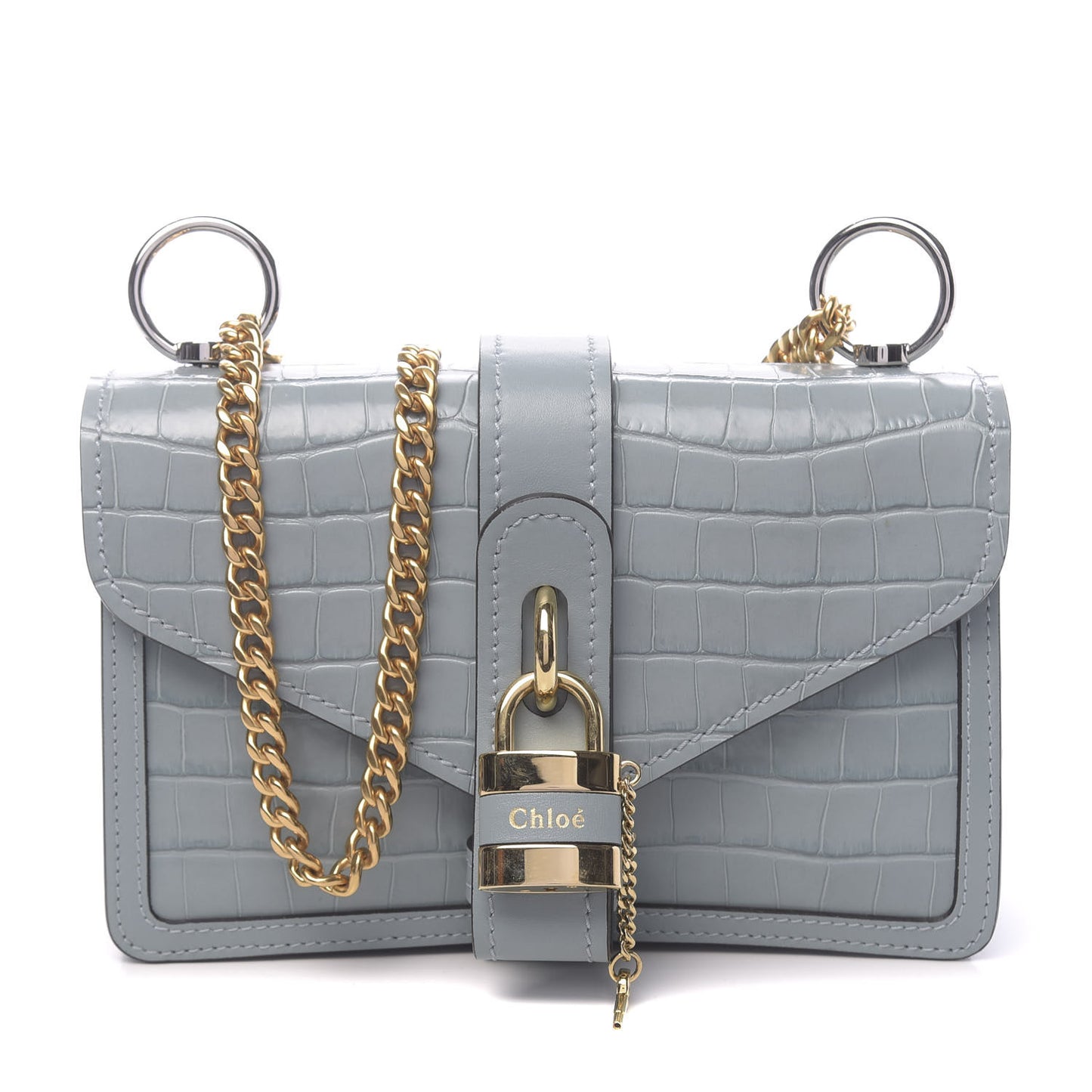 Calfskin Crocodile Embossed Aby Chain Shoulder Bag Faded Blue