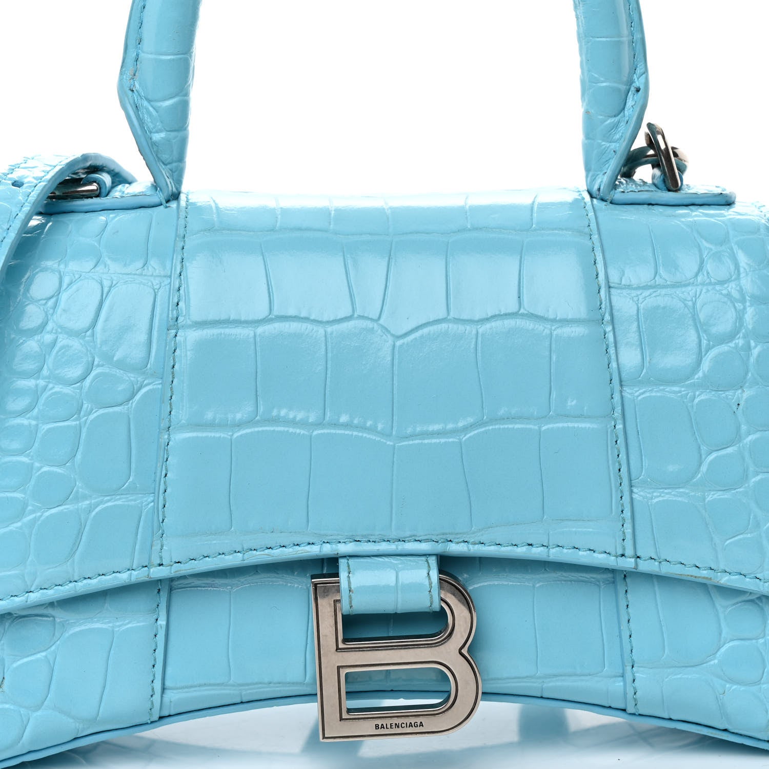 Balenciaga Shiny Calfskin Crocodile Embossed Hourglass Top Handle Bag XS Bright Bleu 9 of 12