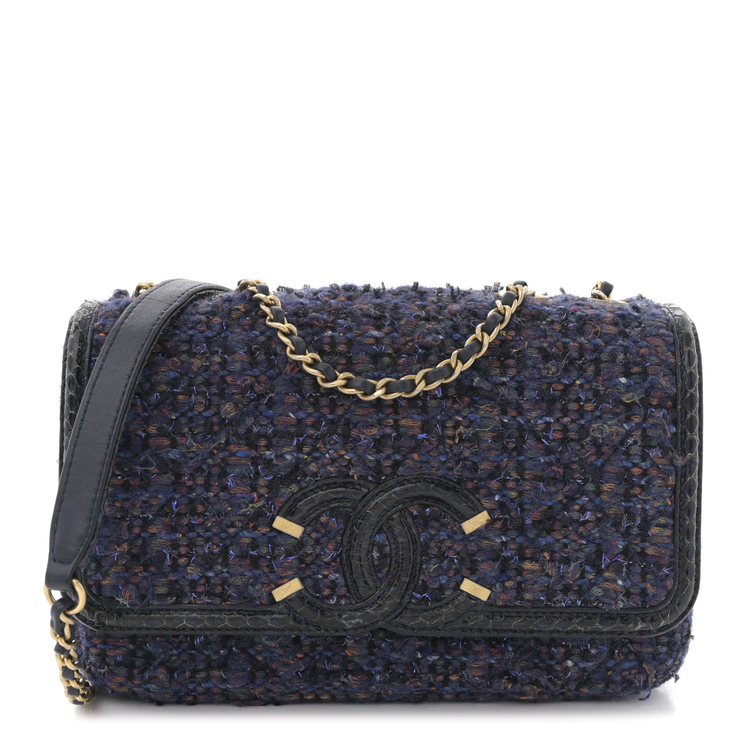 Chanel Tweed Watersnake Quilted Medium CC Filigree Flap Blue 1 of 11