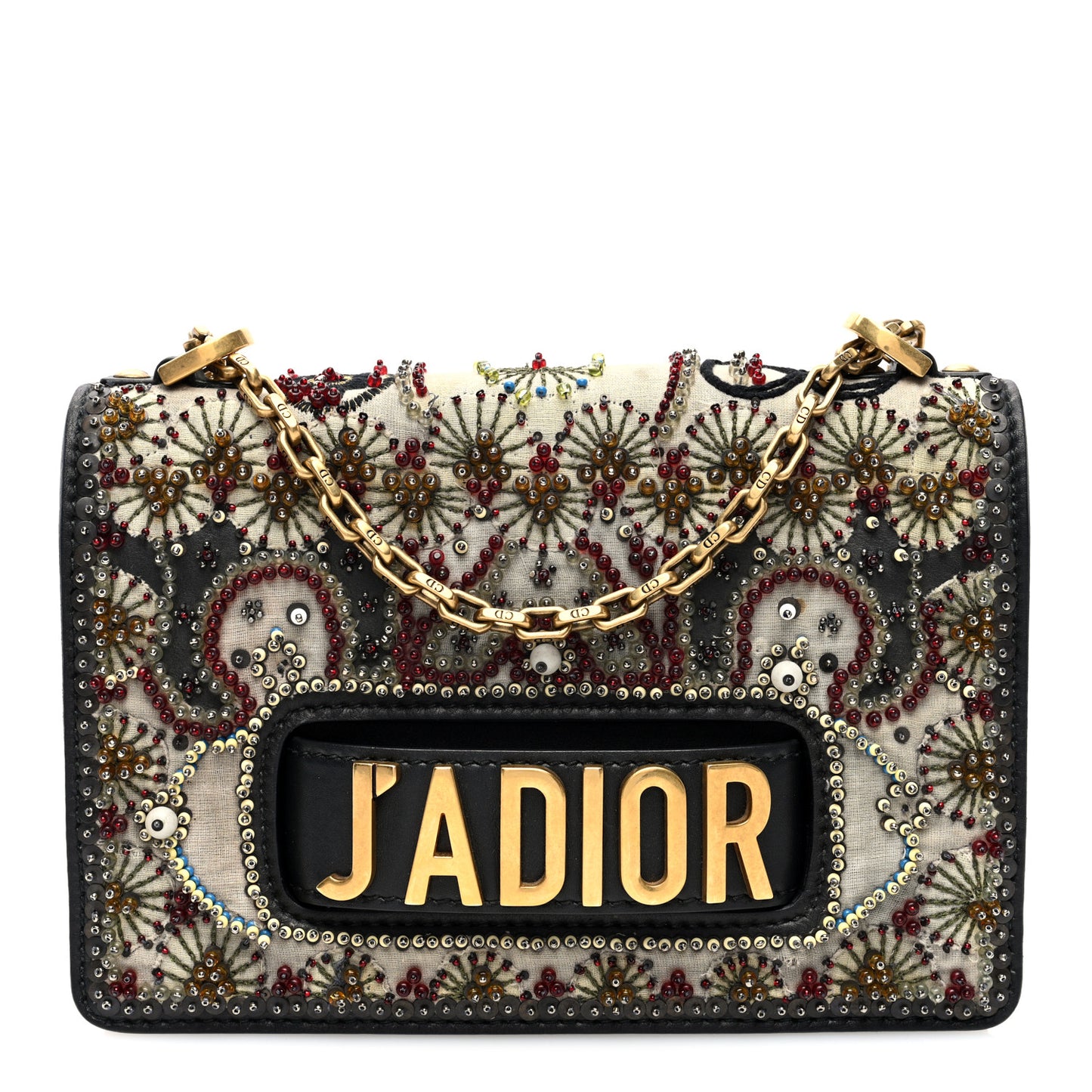 Calfskin Bead Embroidered J Adior Chain Flap Bag Black Multicolor