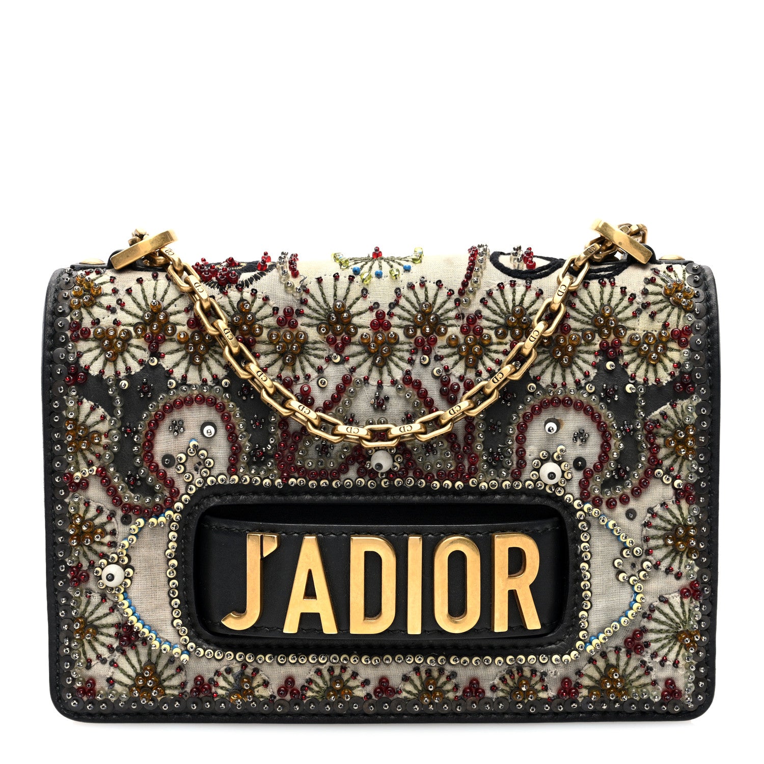 Christian Dior Calfskin Bead Embroidered J Adior Chain Flap Bag Black Multicolor 1 of 9