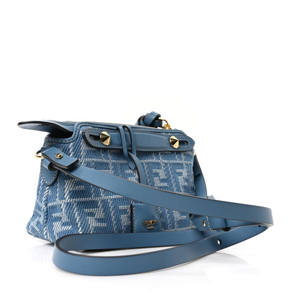 Fendi Denim Jacquard FF Effect Vitello Grace Soft Mini By The Way Boston Blue White 3 of 10