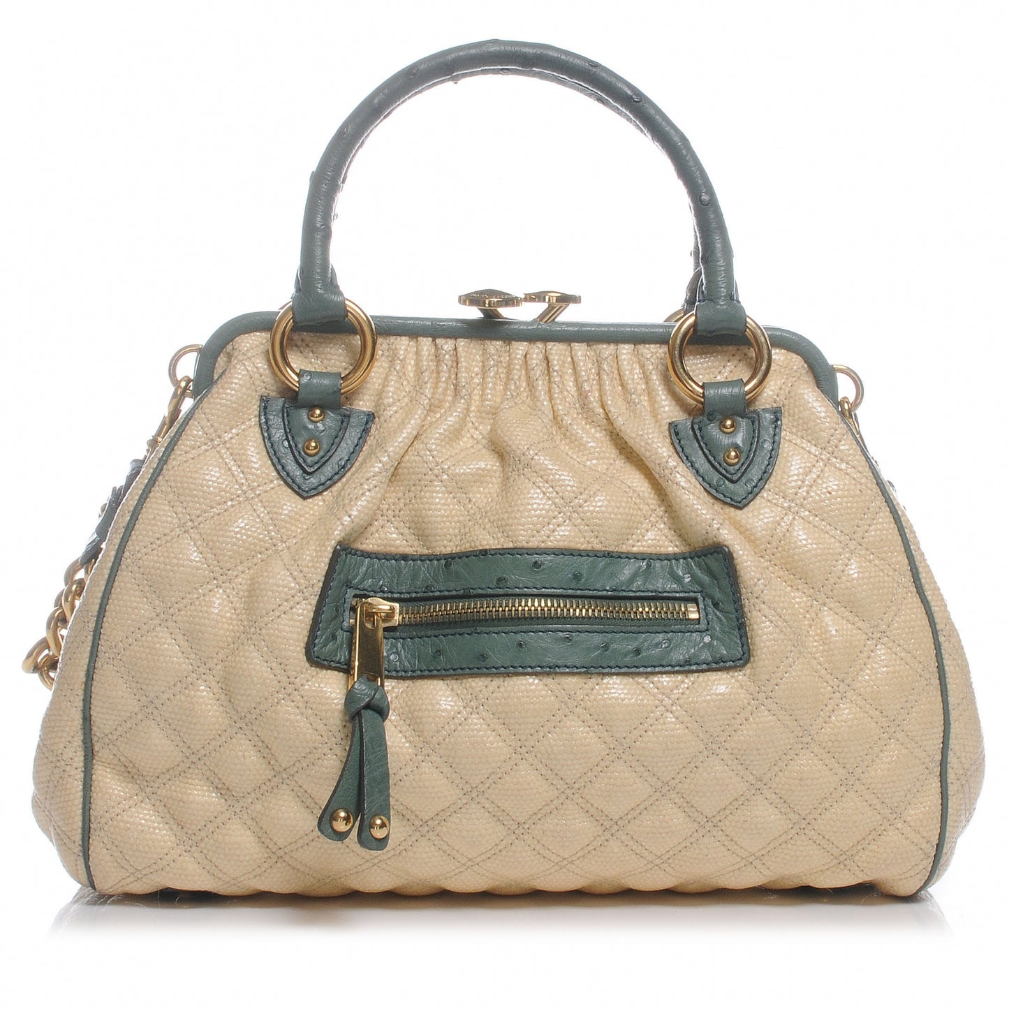Quilted Leather Ostrich Trim Stam Tote Beige