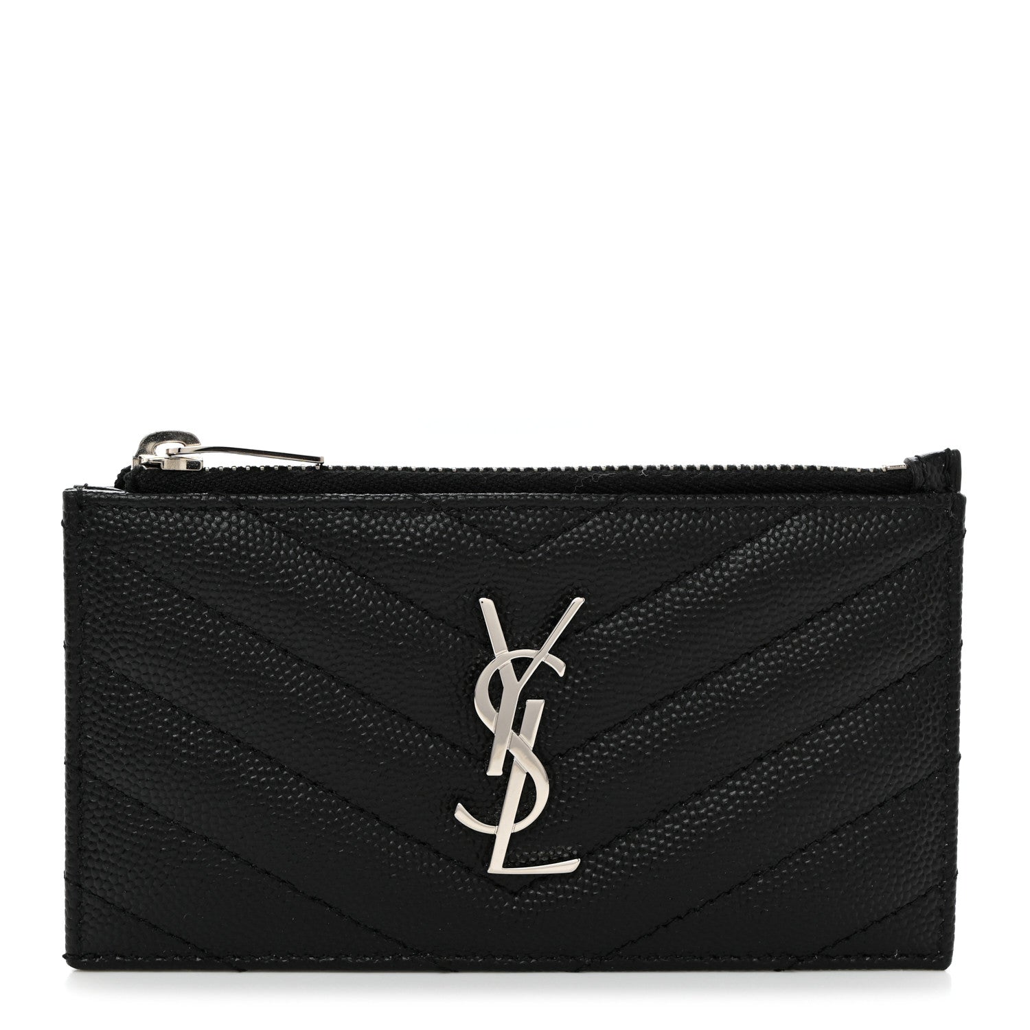 Saint Laurent Grain De Poudre Matelasse Chevron Monogram Fragments Zippered Card Case Black 1 of 7