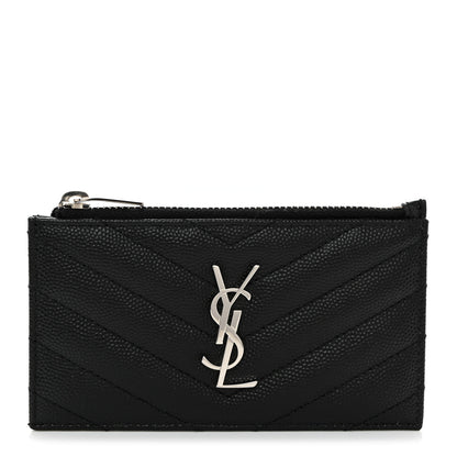Saint Laurent Grain De Poudre Matelasse Chevron Monogram Fragments Zippered Card Case Black 1 of 7