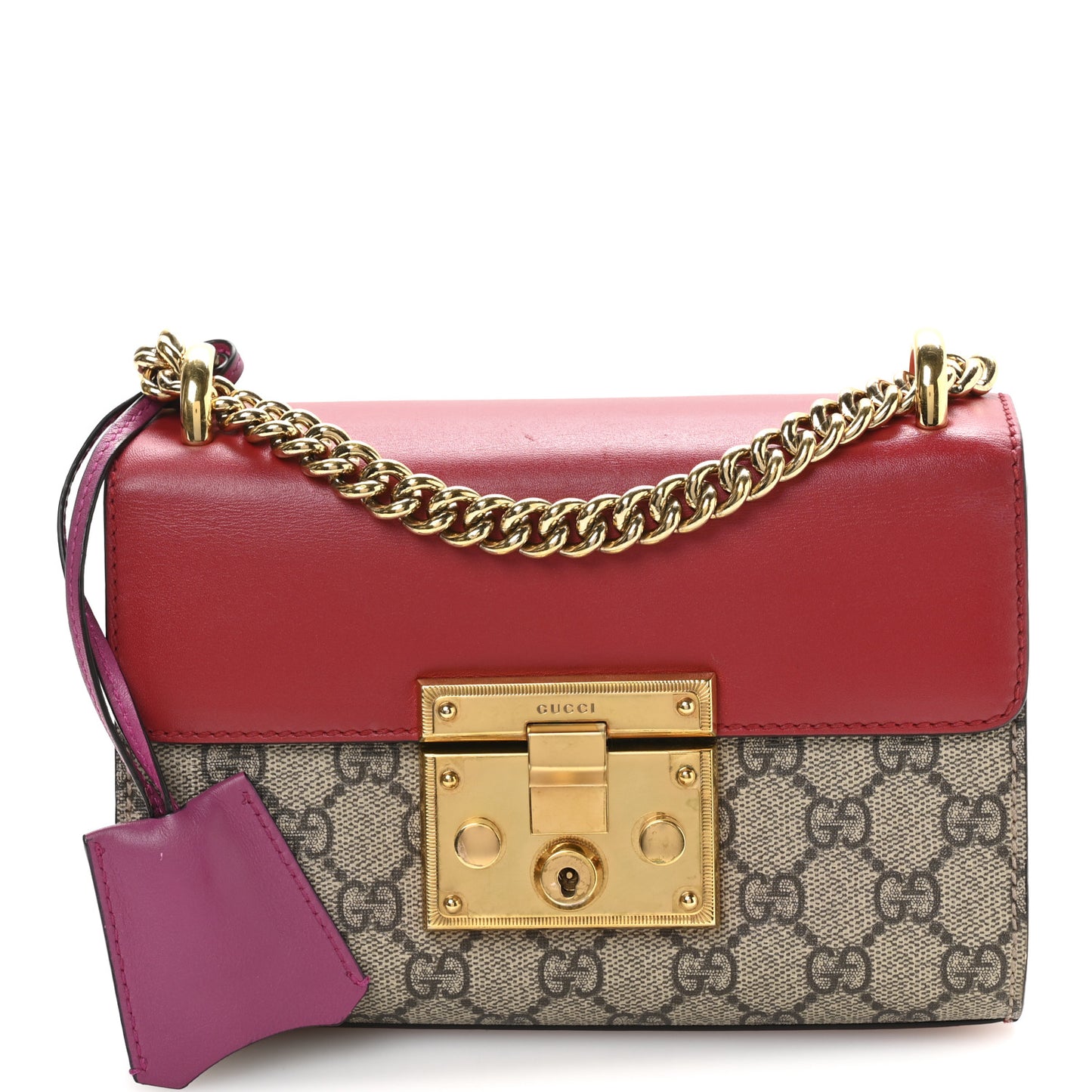 GG Supreme Monogram Calfskin Small Padlock Shoulder Bag Beige Hibiscus Red New Rosette