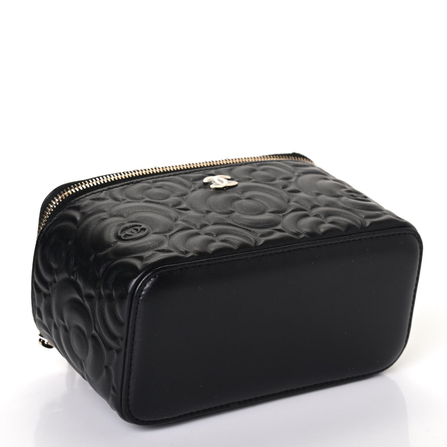 Lambskin Camellia Embossed Small Vanity Case With Chain Black