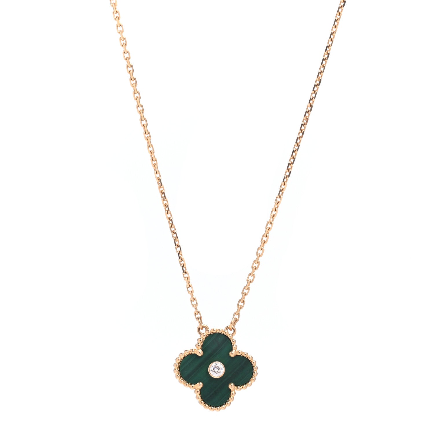 Van Cleef & Arpels 18K Yellow Gold Diamond Malachite Vintage Alhambra Pendant Necklace 1 of 7
